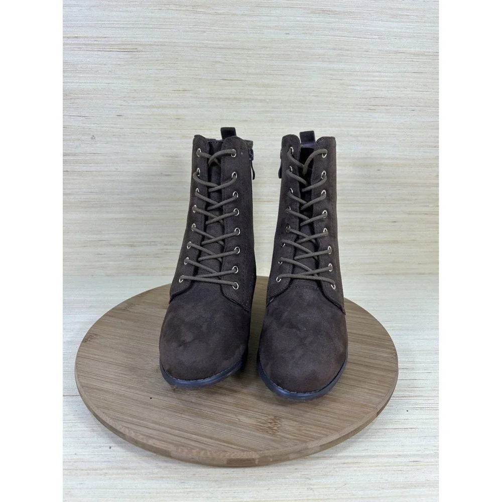 Journee Collection Baylor Lace Up Stacked Brown Suede Heeled Booties Womens 8.5